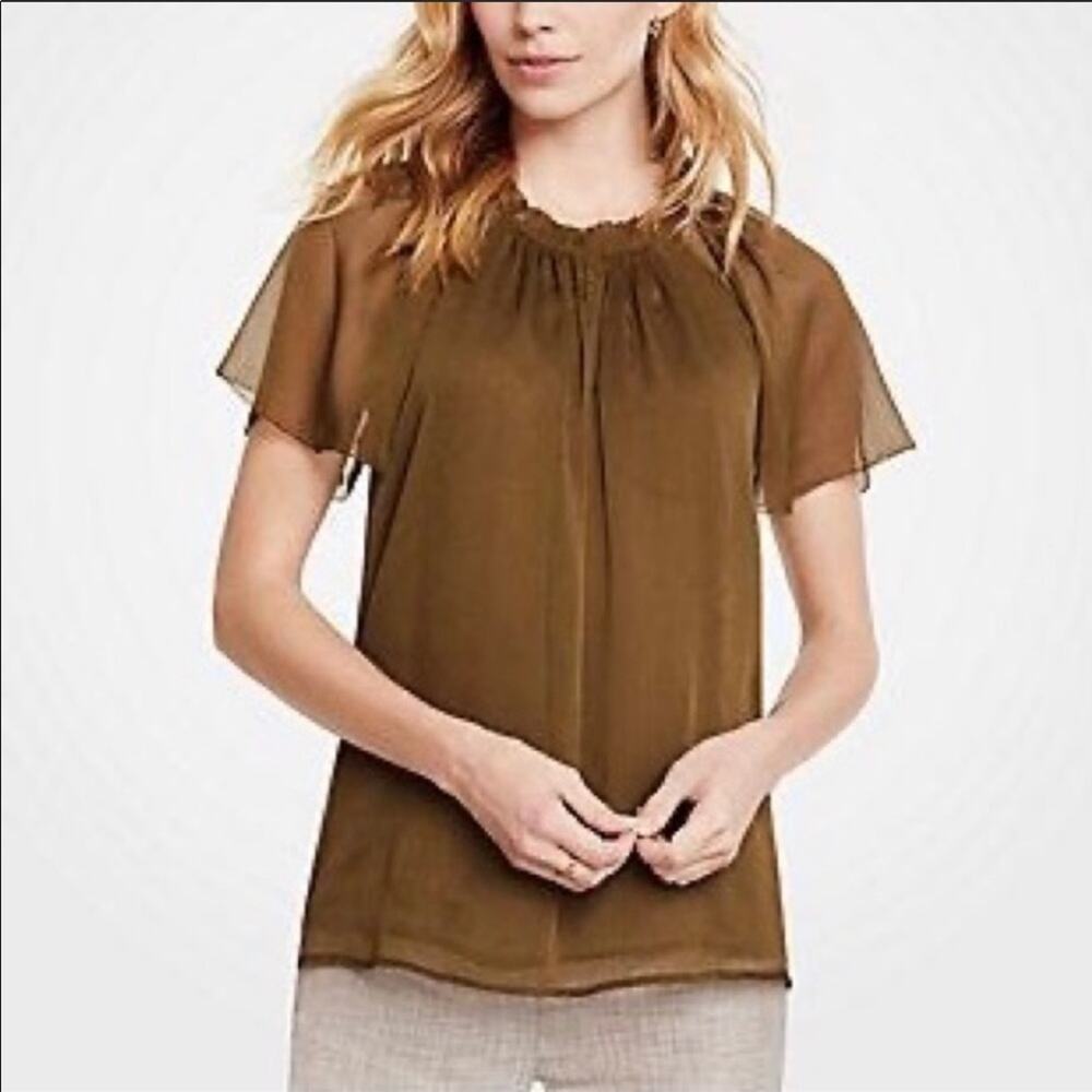 ANN TAYLOR Women's Olive Green Flutter Sleeve Blouse